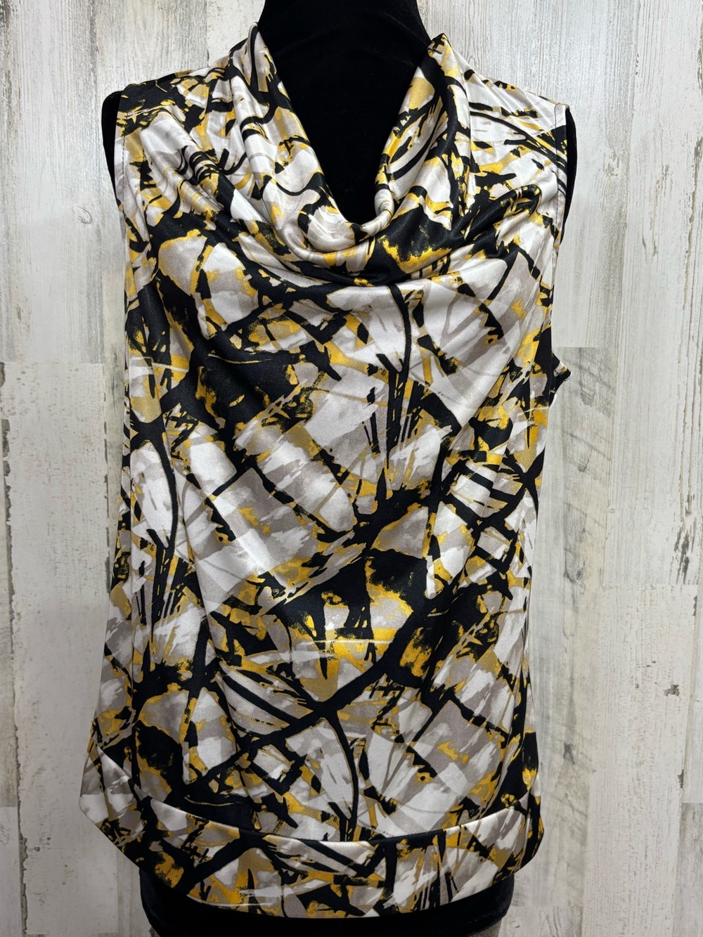 Alfani Sleeveless Cowl Neck Satin Top in Black, White & Gold Abstract Print